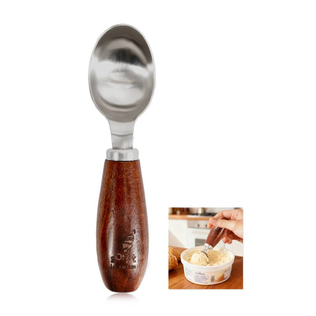 A stainless steel ice cream scoop with a wooden handle, featuring a logo on the handle.