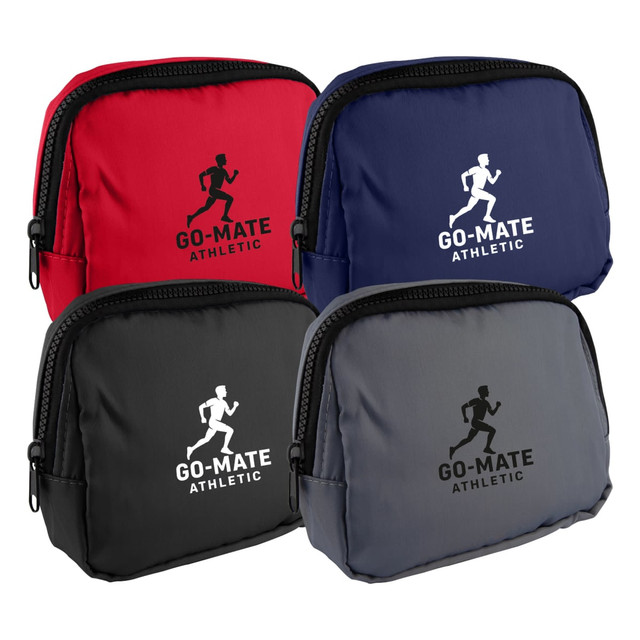 A set of four Go-Mate Belt Bags in red, navy, black, and grey, each featuring a logo on the front.