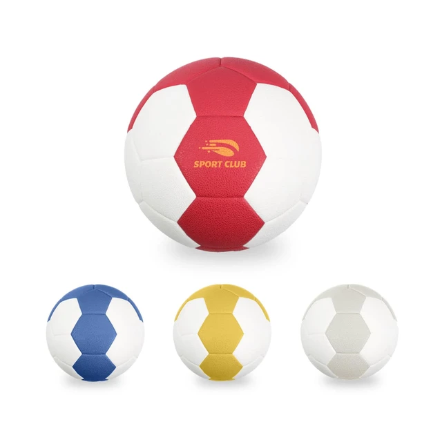A thermal bonded handball in red and white, alongside blue, yellow, and white variants, each featuring a logo.
