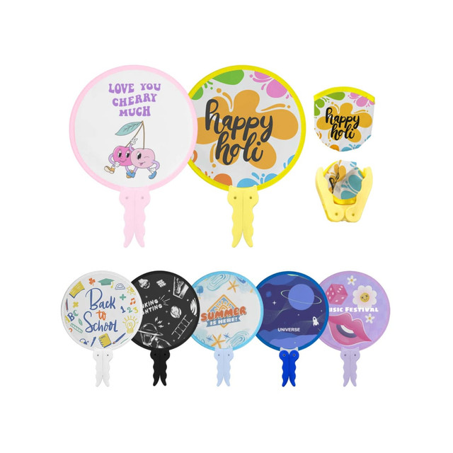 A collection of decorative round fans in various colours, featuring playful designs and bright patterns. Each fan has a handle.