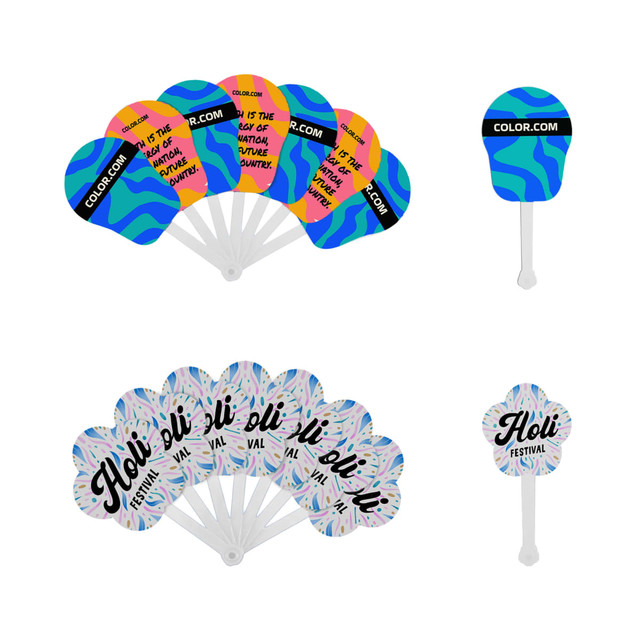A set of seven plastic hand fans featuring colourful designs, including patterns and text, with a white handle.