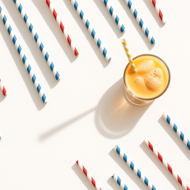 A drink bottle filled with orange liquid and ice, surrounded by red and blue striped disposable paper straws.
