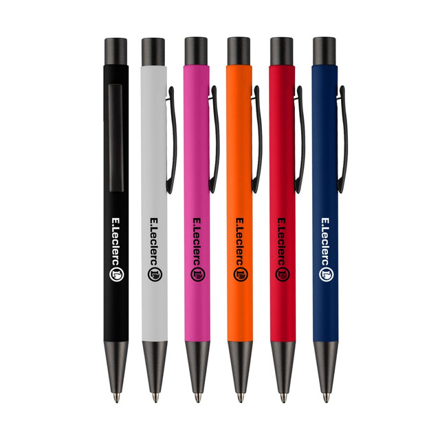 A set of six Camberwell Metal Pens in black, white, pink, orange, blue, and navy, featuring branding on each pen.
