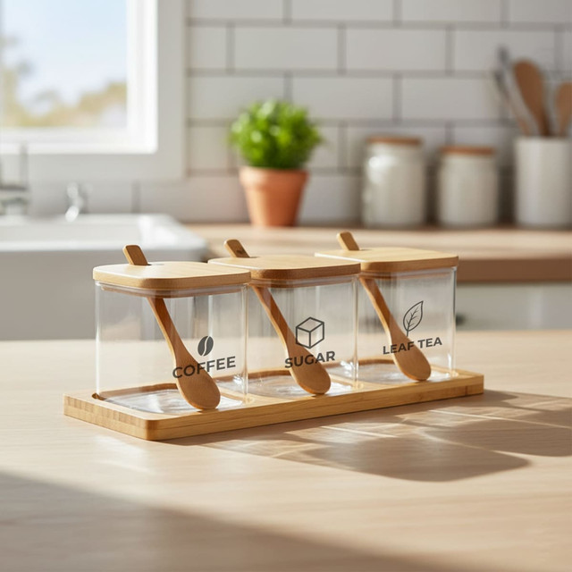 Three clear jars with bamboo lids and spoons, labelled 'Coffee', 'Sugar', and 'Leaf Tea', on a wooden tray.