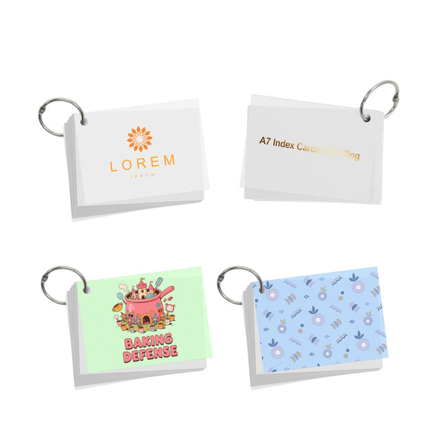 A set of A7 index cards with a ring, featuring various designs in pastel colours. It includes a logo.