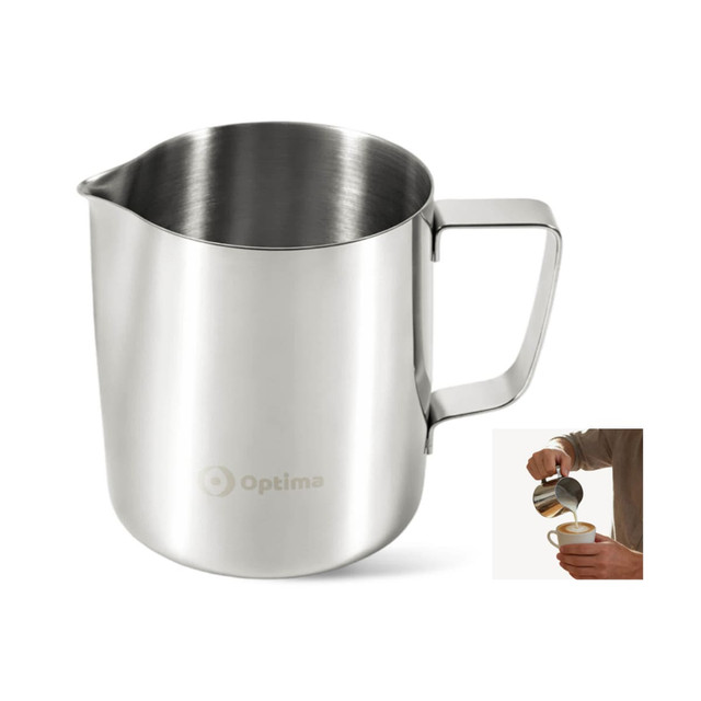 A stainless steel milk frothing pitcher with a spout and handle, featuring a logo.