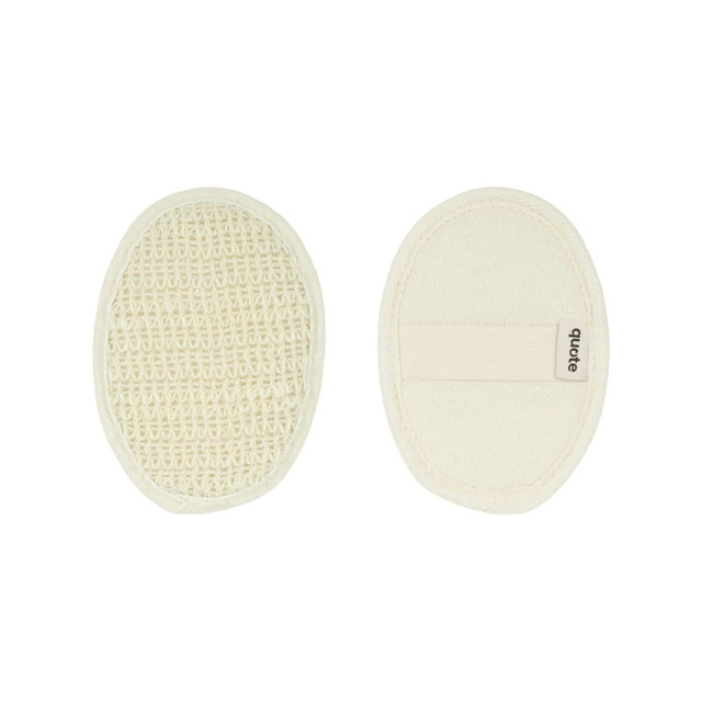 A natural cotton linen bath sponge pad in a cream colour, featuring a textured side and a smooth side with a strap.