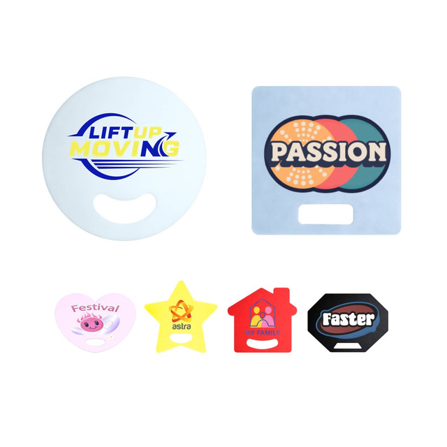 Custom-shaped PP fans in various colours, including round, star, and house shapes, each with a handle cutout and branding.