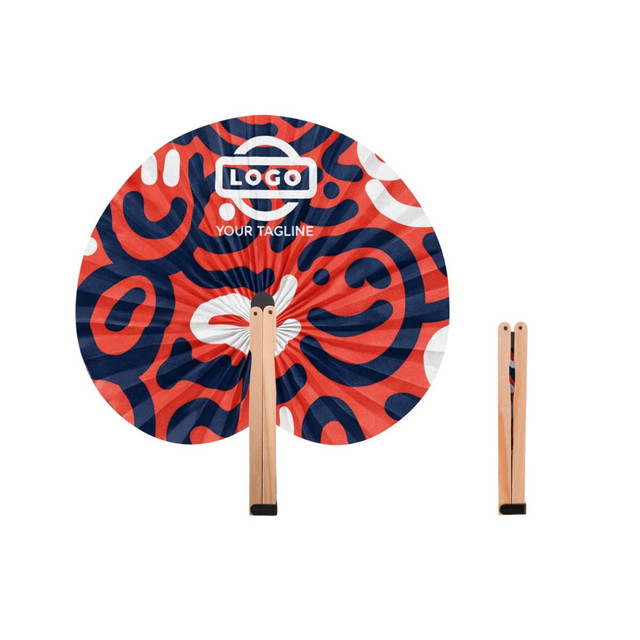 A peach-shaped wooden paper fan with a vibrant red, blue, and white pattern, featuring a logo.