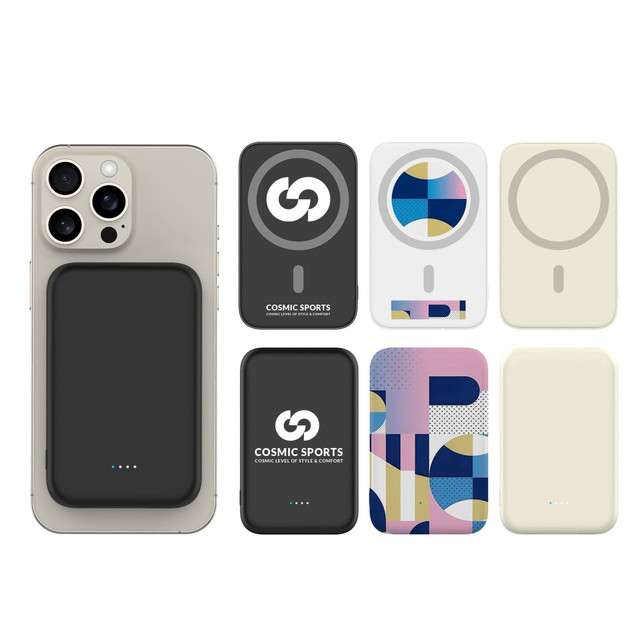 A collection of power banks in various designs and colours, featuring a logo and compatible with magnetic attachment.