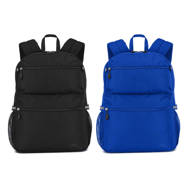 Two backpacks are displayed: one in black and one in blue, featuring multiple zippered pockets and mesh side pockets.