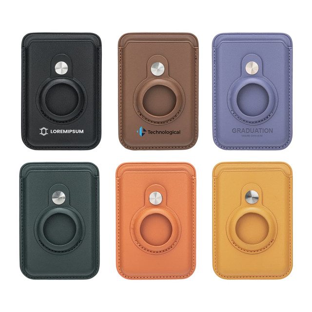 A collection of six PU magnetic card and AirTag holders in various colours: black, brown, purple, orange, and yellow. Each holder features a logo.