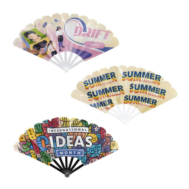 A collection of colourful plastic hand fans featuring various designs and a logo, including themes like summer and ideas month.