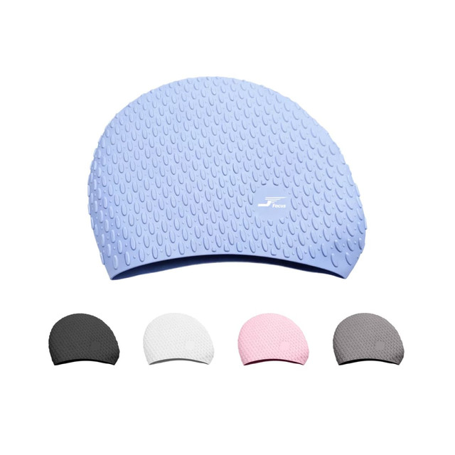A light blue silicone swimming cap featuring textured water droplets, accompanied by caps in black, white, pink, and grey.
