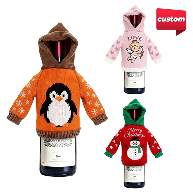 A drink bottle cover in orange with a penguin design, pink with "Love," and red with a snowman and "Merry Christmas."