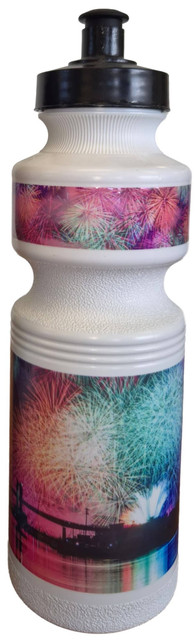 A drink bottle featuring a white design with a colourful fireworks pattern around the top and bottom. It has a black cap.
