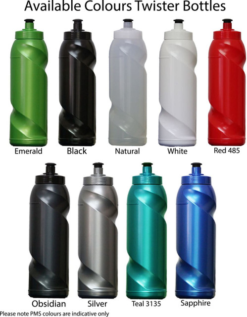 A drink bottle with a twisted design available in various colours, including emerald, black, natural, white, red, obsidian, silver, teal, and sapphire.