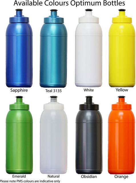 A drink bottle in multiple colours, including sapphire, teal, white, yellow, emerald, natural, obsidian, and orange, with a logo.