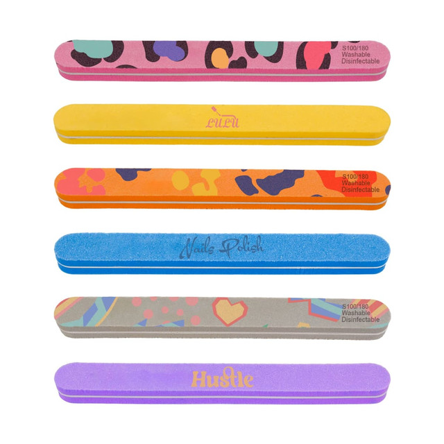 A set of sponge straight shape nail files in various vibrant colours and patterns, featuring branding on some files.