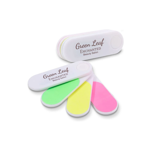A foldable nail file block in white, featuring pink, yellow, and green filing surfaces, with a branding logo.