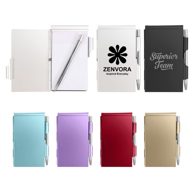 An aluminium pocket notebook with a pen, available in various colours: white, black, purple, and red, featuring logos.