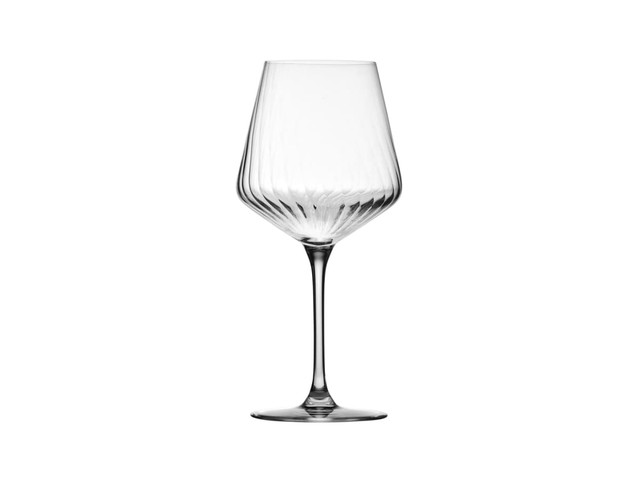 A wine glass with a unique ribbed design, featuring a clear glass body and a tall, elegant stem.