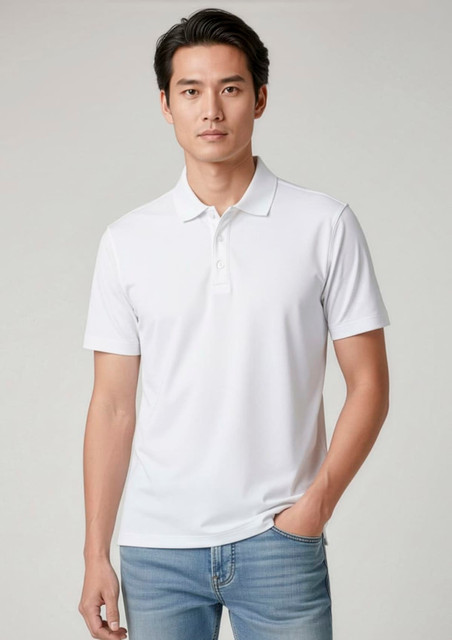 A white short sleeve polo shirt on a model, featuring a collar and a logo on the chest.