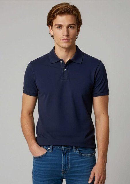A navy blue men's short sleeve polo shirt with a collar, featuring a logo on the chest.