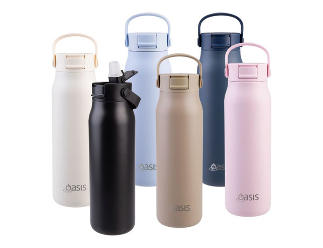 A drink bottle collection featuring six vacuum sipper bottles in white, black, beige, blue, navy, and pink, each with a handle.