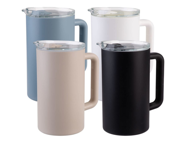 A drink bottle set featuring four ceramic-lined pitchers in white, black, beige, and blue with insulated designs.