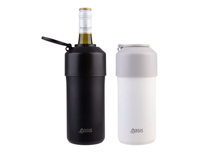 A drink bottle in black and white with a lid, designed to hold a wine bottle. The product features a logo.
