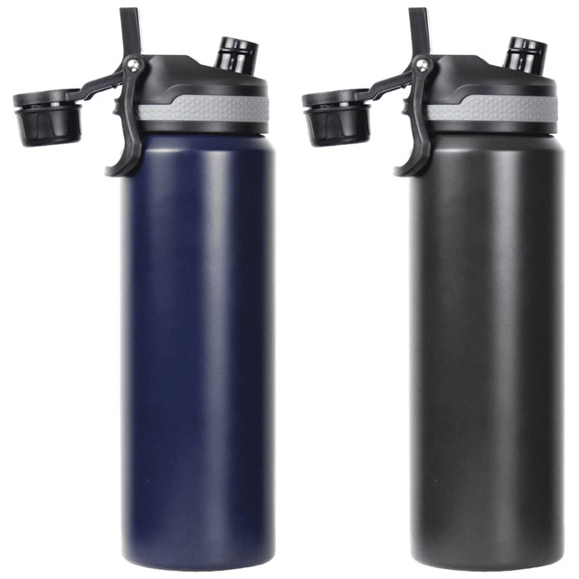 A drink bottle in navy blue and dark grey, featuring a dual-function top and a logo. Double wall design, 800ml capacity.