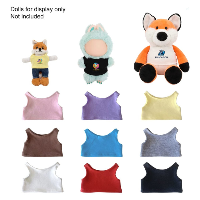 A collection of plush dolls in various colours with a selection of basic tank tops underneath them. Features a logo.