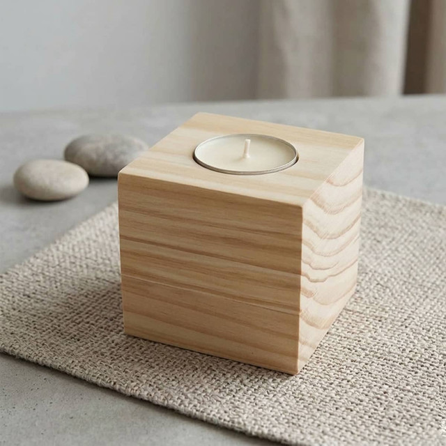 A square wooden candle holder with a light-coloured wood finish and a small white candle on top, placed on a textured surface.