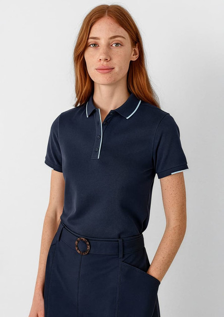 A navy blue women's short sleeve polo shirt featuring a classic collar and a logo.