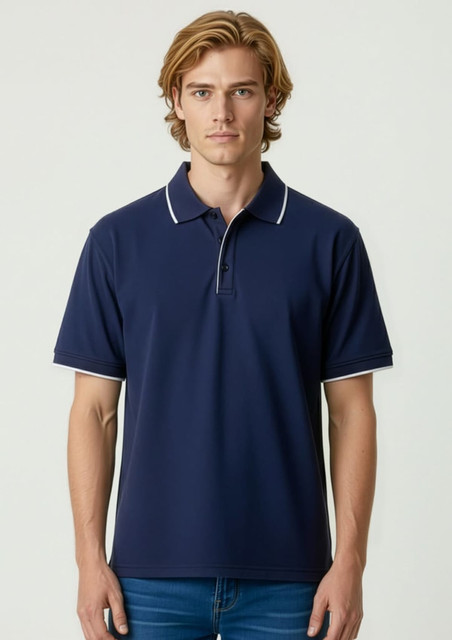 A navy short sleeve polo shirt with contrasting white trim and a collar, displayed on a male model.