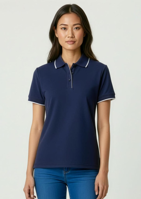 A navy blue women's polo shirt with contrasting white trim and a collar, featuring a logo on the chest.