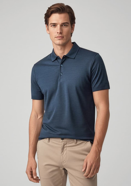 A navy blue short sleeve polo shirt with a subtle striped pattern, featuring a collar and three-button placket.