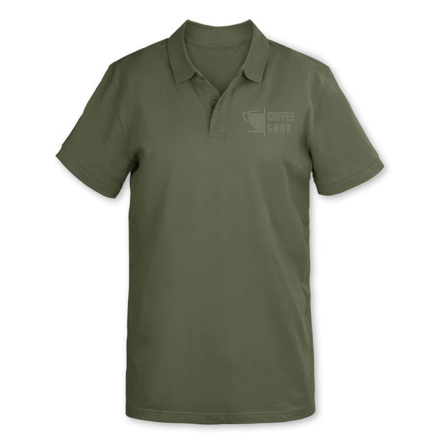 A green polo shirt featuring tone-on-tone embroidery and a logo. Suitable for casual wear or branding.