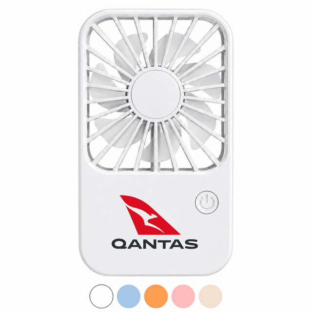 A white Breeze Rechargeable Desktop Fan with a circular grille and a logo, featuring additional colour options in blue, pink, and orange.