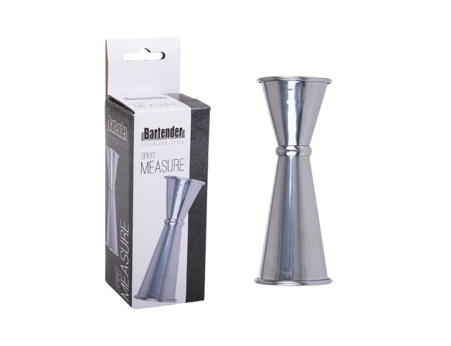 A stainless steel spirit measure in a boxed package, featuring a sleek silver finish. The box includes branding.