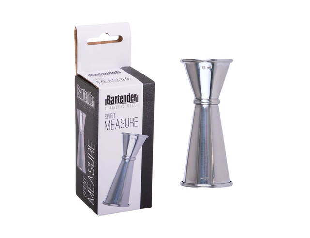 A stainless steel measure with a polished finish, featuring two measurement sizes of 15ml and 30ml, alongside its packaging.