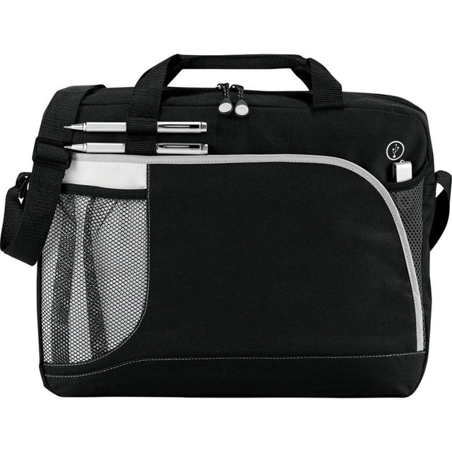 A black laptop bag with a mesh pocket, pen holders, and a strap. It features a logo on the front.