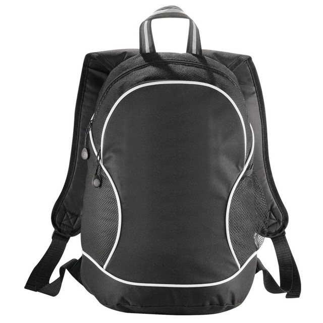 A black backpack with mesh side pockets and white trim, featuring padded shoulder straps and a branding logo.