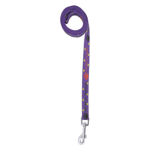 A purple dog leash, 1.4M long and 10mm wide, with a clip and colourful paw print designs.