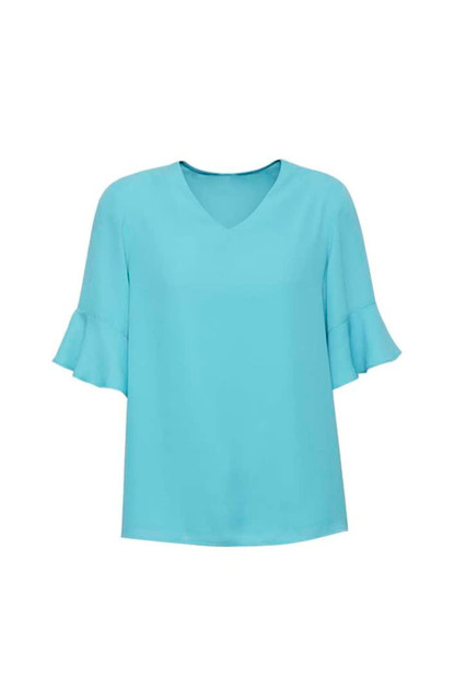A light blue blouse with fluted sleeves and a V-neck design. The fabric appears smooth and elegant.