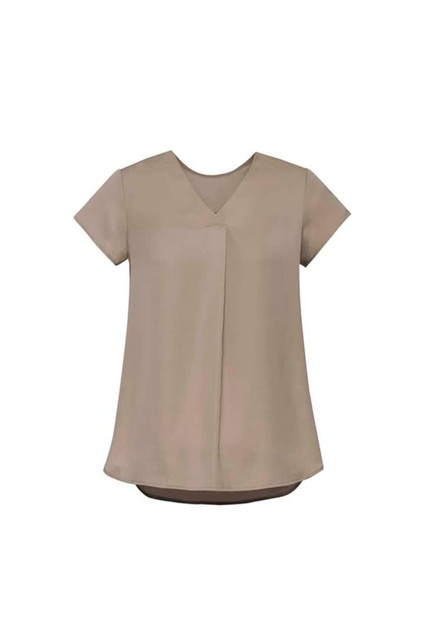 A women's khaki V-neck pleat blouse with short sleeves, featuring a relaxed fit and a smooth texture.