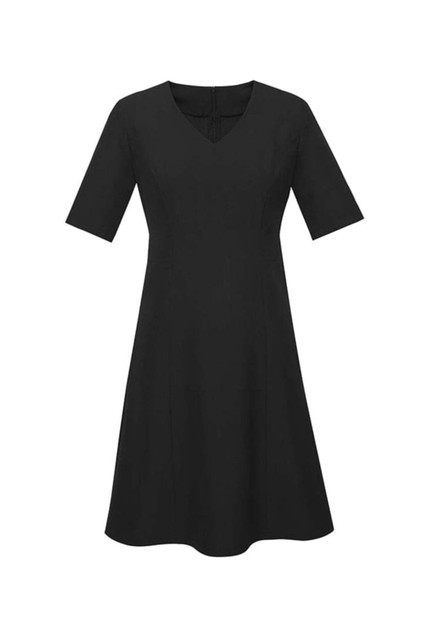 A black short sleeve dress with a V-neckline and a flared skirt design, featuring an unseen logo.