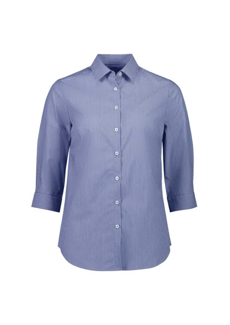 A women's blue and white striped button-up shirt with 3/4 sleeves and a collar. Features buttons down the front and a logo.