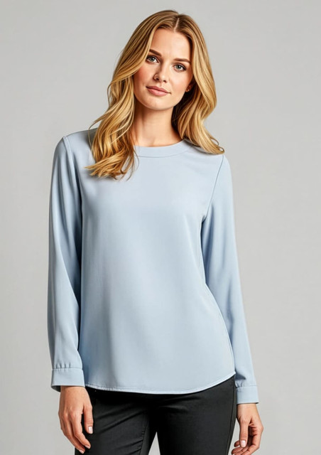A light blue women's boatneck top with long sleeves and a relaxed fit, featuring a subtle logo.
